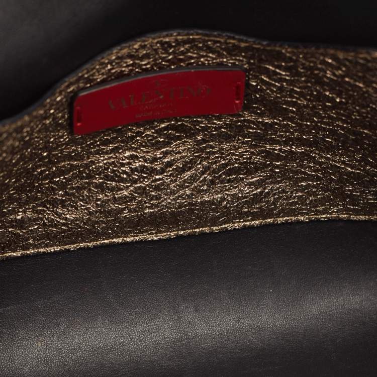 Pre Owned Valentino Gold Crinkled Leather V Rivet Clutch Bag