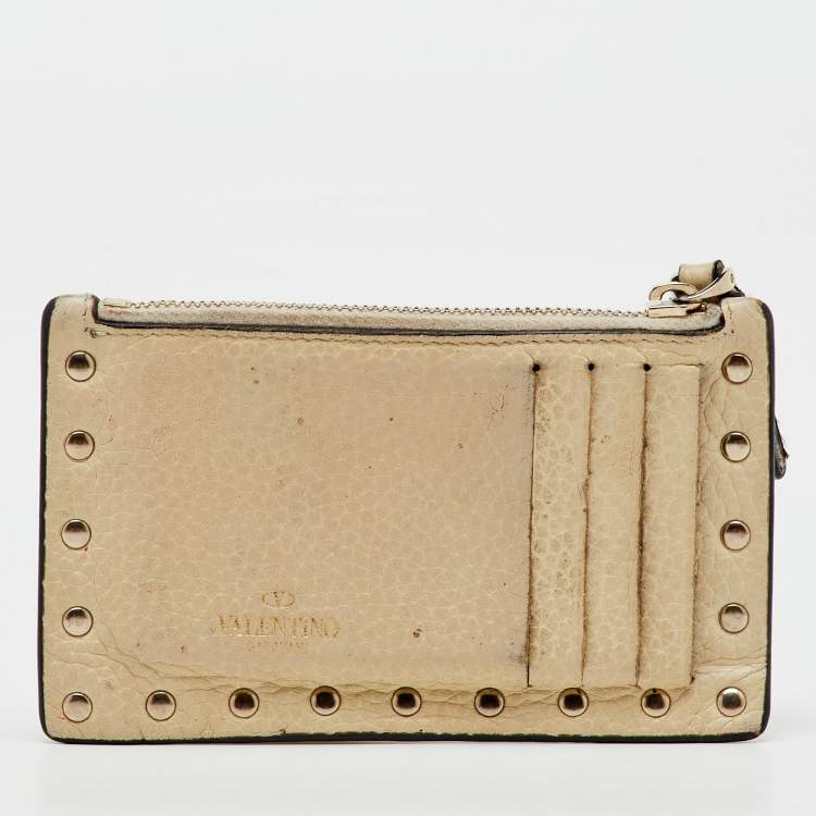 Pre Owned Valentino Cream Leather Rockstud Zip Card Case