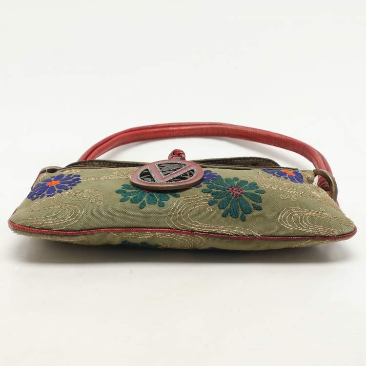 Pre Owned Valentino Green/Red Canvas and Lizard Leather V Logo Shoulder Bag