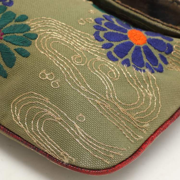 Pre Owned Valentino Green/Red Canvas and Lizard Leather V Logo Shoulder Bag