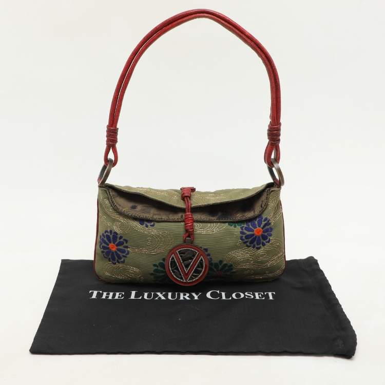 Pre Owned Valentino Green/Red Canvas and Lizard Leather V Logo Shoulder Bag