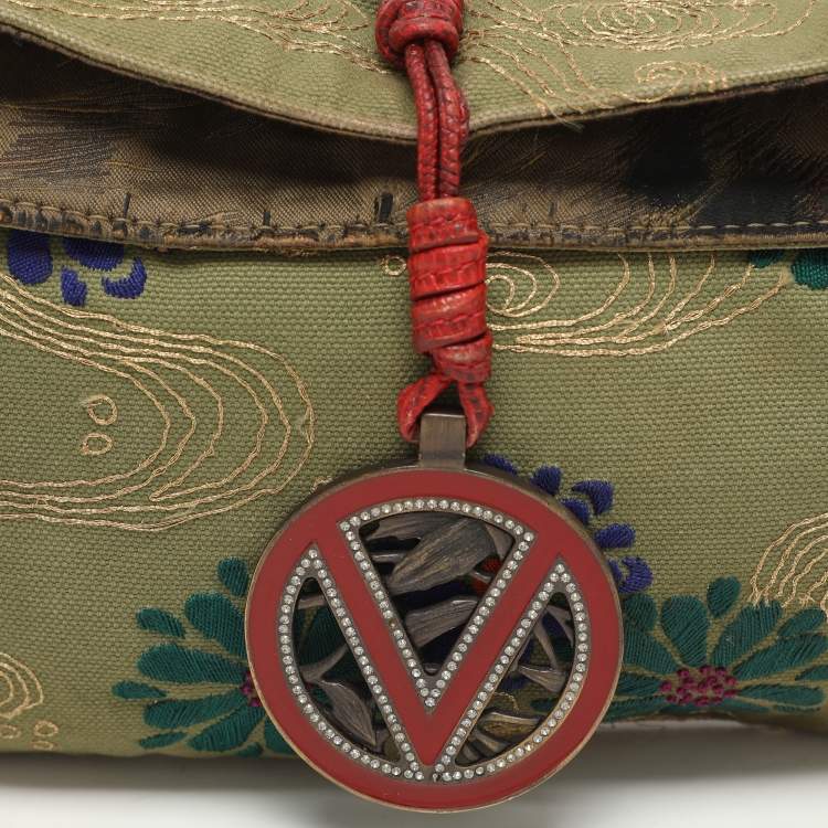 Pre Owned Valentino Green/Red Canvas and Lizard Leather V Logo Shoulder Bag