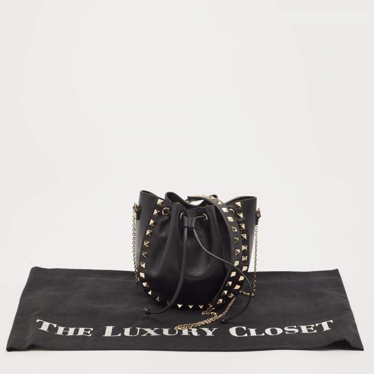 Pre Owned Valentino Black Leather Mini Rockstud Chain Bucket Bag