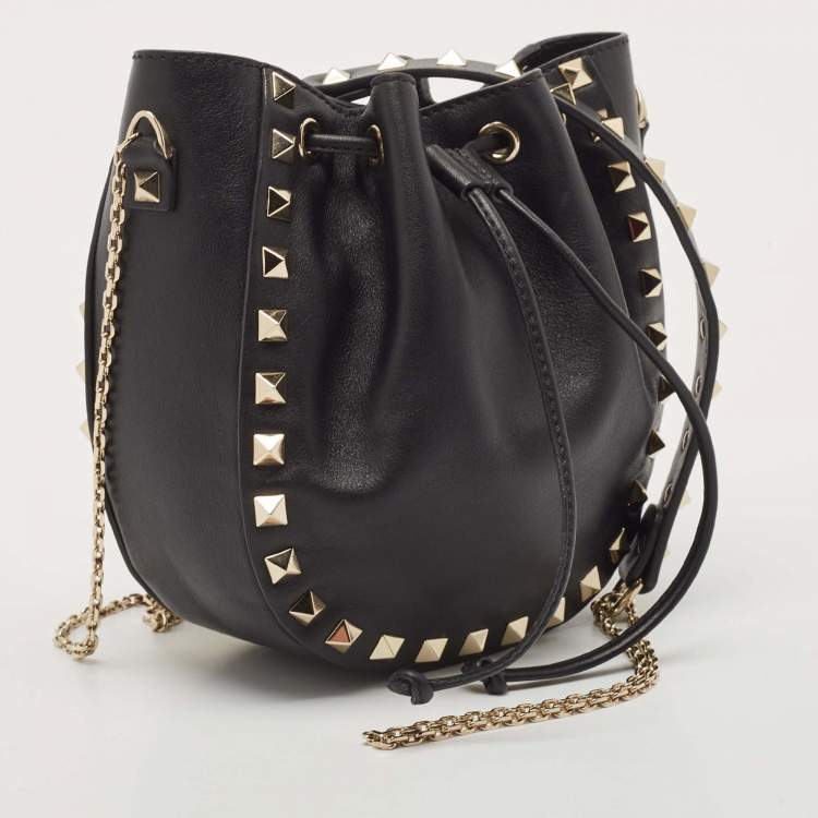 Pre Owned Valentino Black Leather Mini Rockstud Chain Bucket Bag