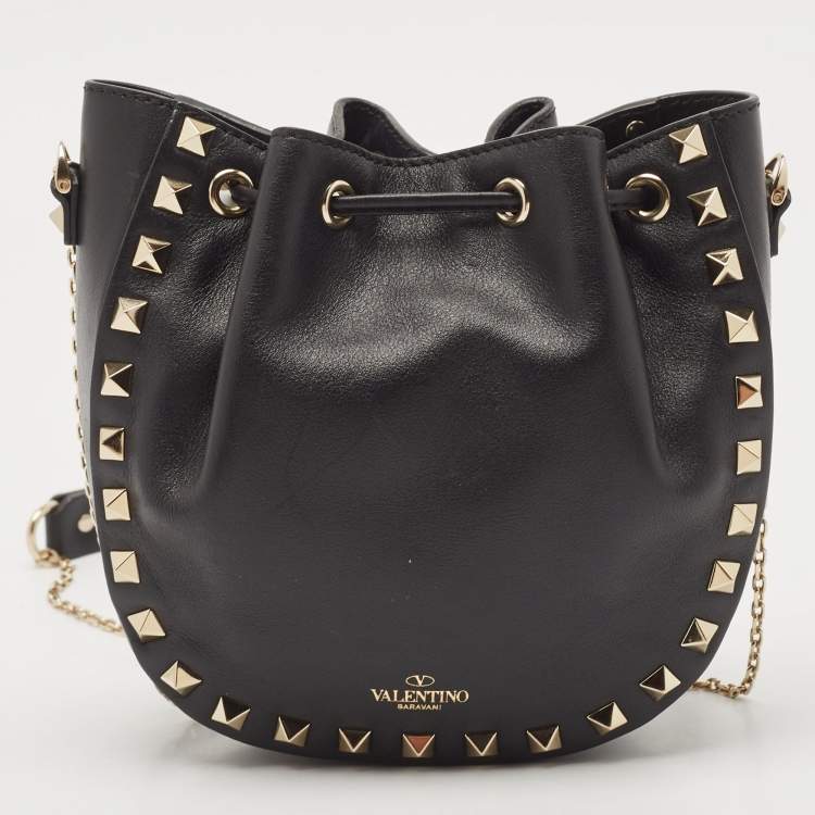Pre Owned Valentino Black Leather Mini Rockstud Chain Bucket Bag