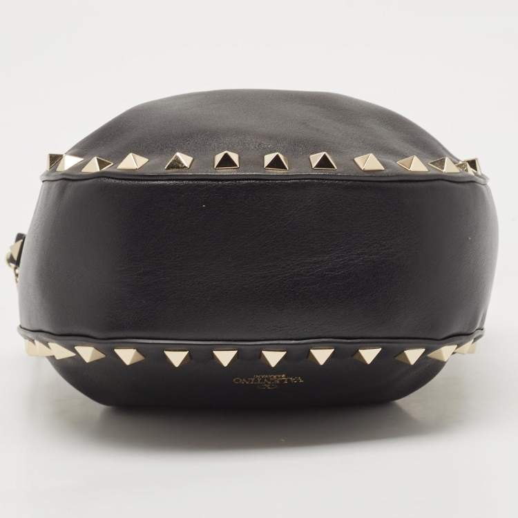 Pre Owned Valentino Black Leather Mini Rockstud Chain Bucket Bag