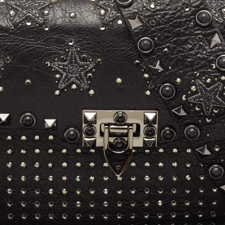 Pre Owned Valentino Black Leather Medium Star Crystal Rolling Rockstud Shoulder Bag