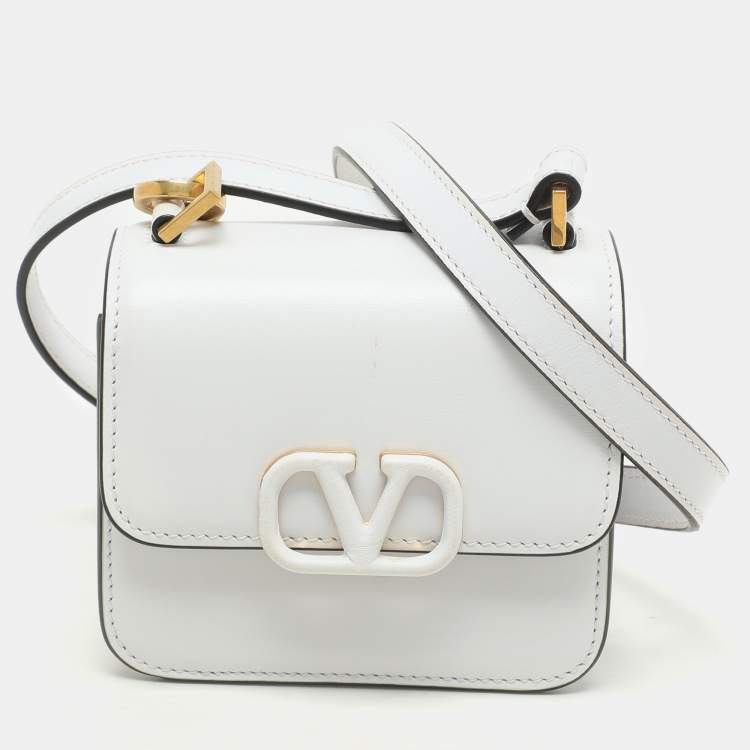 Pre Owned Valentino White Leather Micro V Sling Crossbody Bag