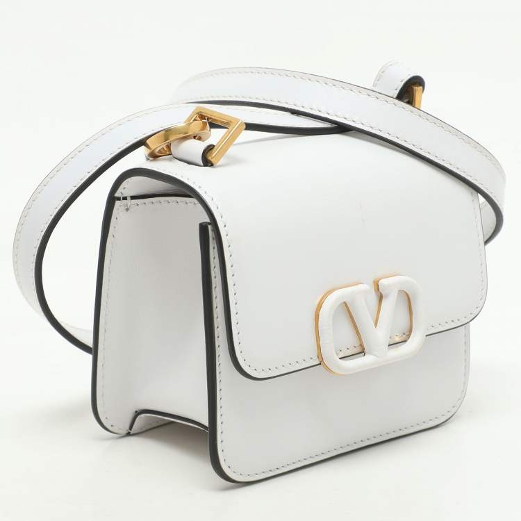 Pre Owned Valentino White Leather Micro V Sling Crossbody Bag