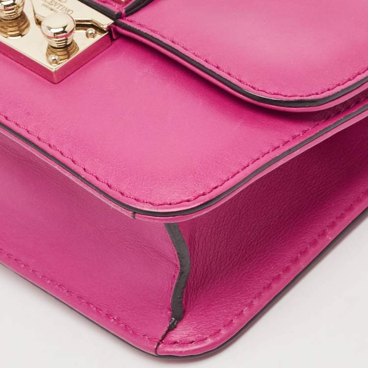 Pre Owned Valentino Fuchsia Leather Mini Rockstud Glam Lock Shoulder Bag