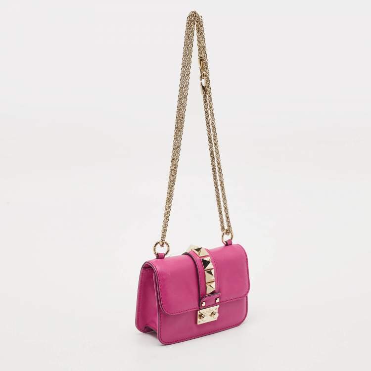 Pre Owned Valentino Fuchsia Leather Mini Rockstud Glam Lock Shoulder Bag