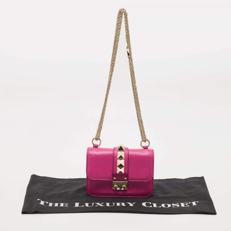 Pre Owned Valentino Fuchsia Leather Mini Rockstud Glam Lock Shoulder Bag