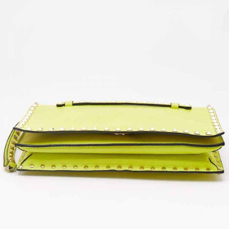Pre Owned Valentino Neon Yellow Leather Rockstud Flap Wristlet Clutch
