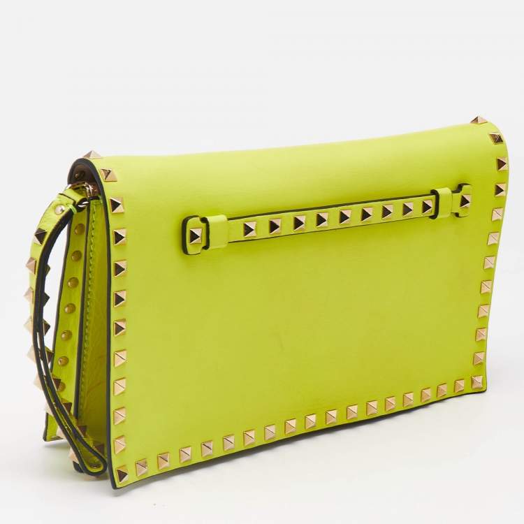 Pre Owned Valentino Neon Yellow Leather Rockstud Flap Wristlet Clutch