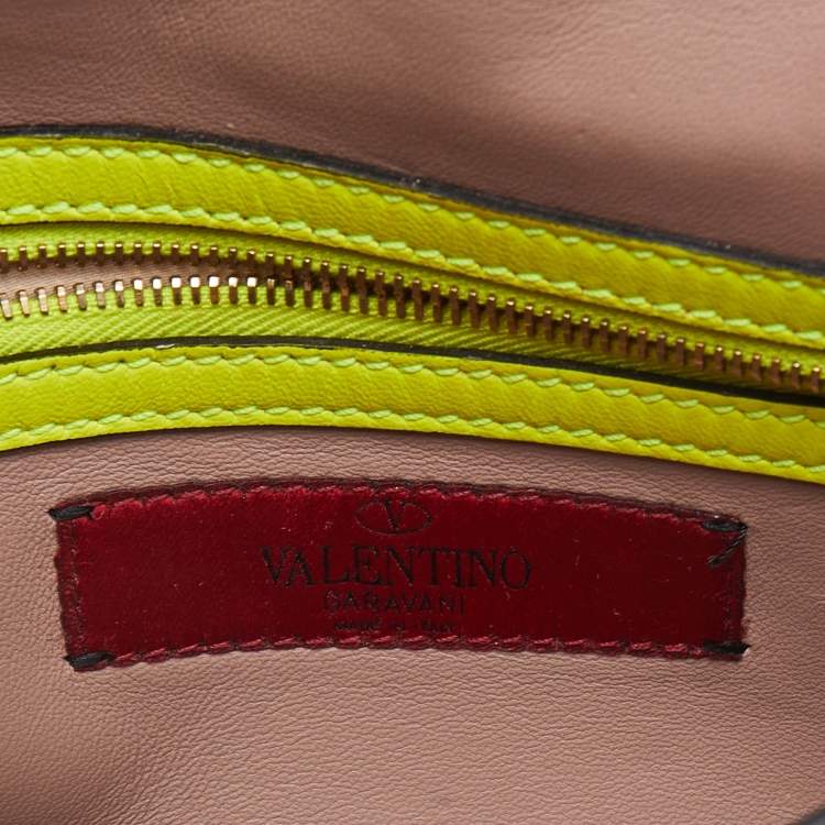 Pre Owned Valentino Neon Yellow Leather Rockstud Flap Wristlet Clutch