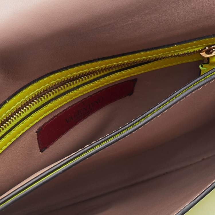 Pre Owned Valentino Neon Yellow Leather Rockstud Flap Wristlet Clutch
