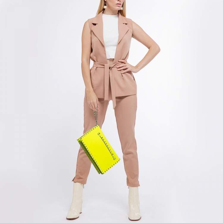 Pre Owned Valentino Neon Yellow Leather Rockstud Flap Wristlet Clutch