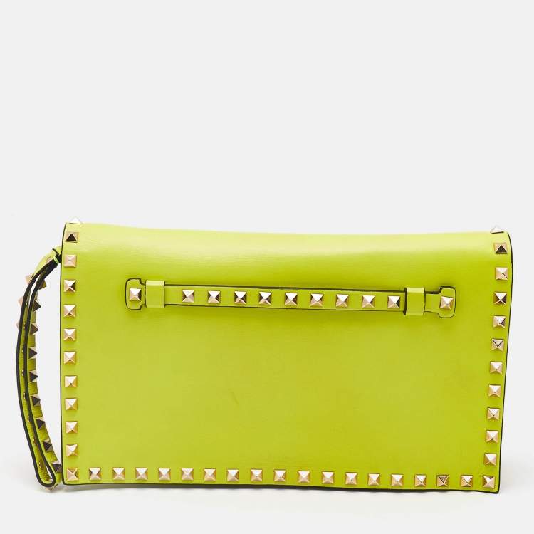 Pre Owned Valentino Neon Yellow Leather Rockstud Flap Wristlet Clutch