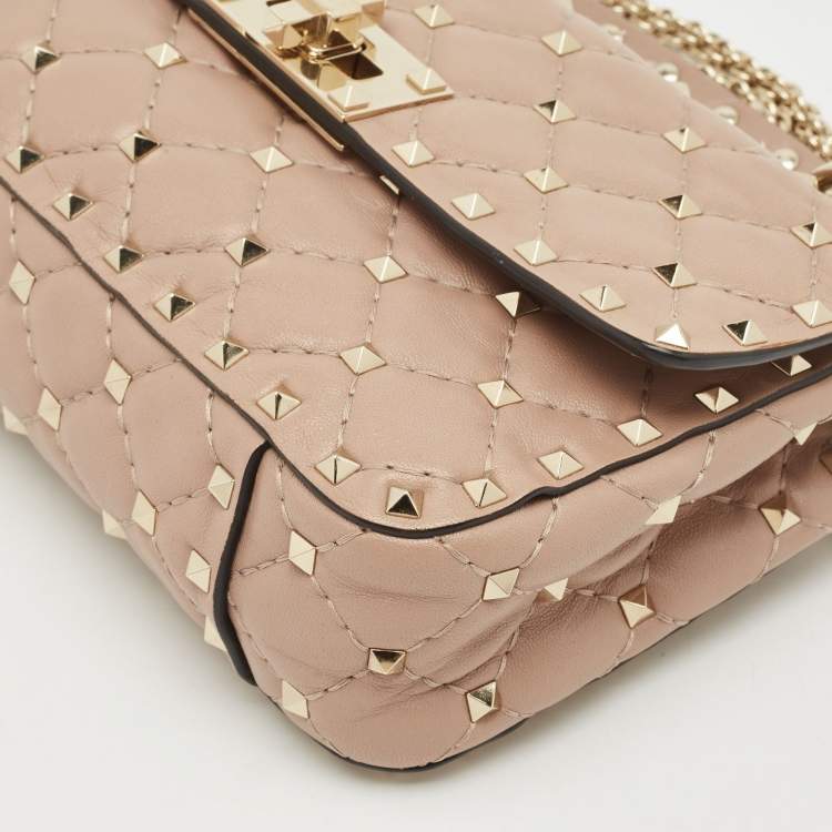 Pre Owned Valentino Beige Quilted Leather Small Rockstud Spike Top Handle Bag