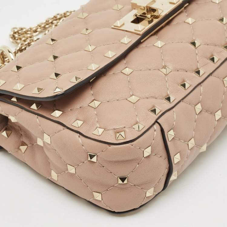 Pre Owned Valentino Beige Quilted Leather Small Rockstud Spike Top Handle Bag