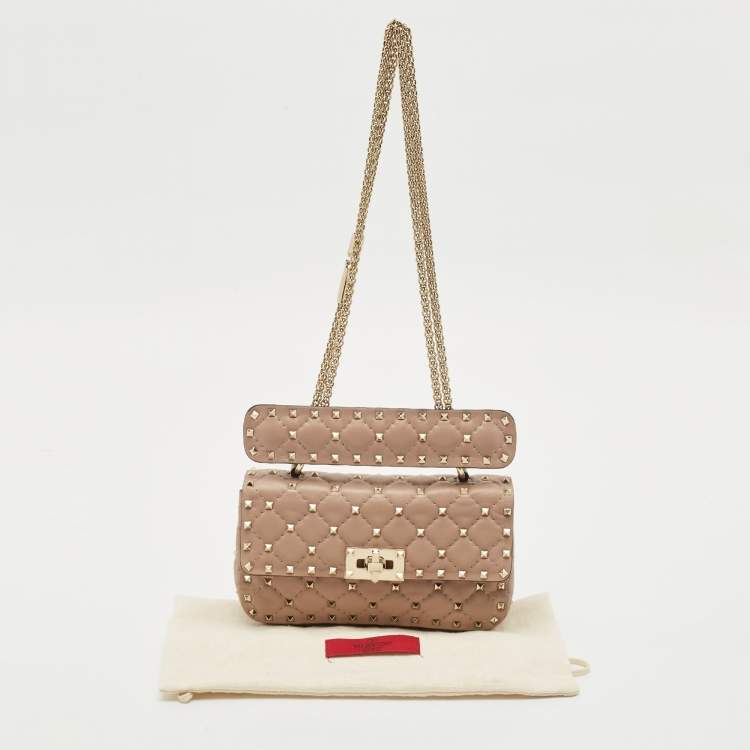 Pre Owned Valentino Beige Quilted Leather Small Rockstud Spike Top Handle Bag