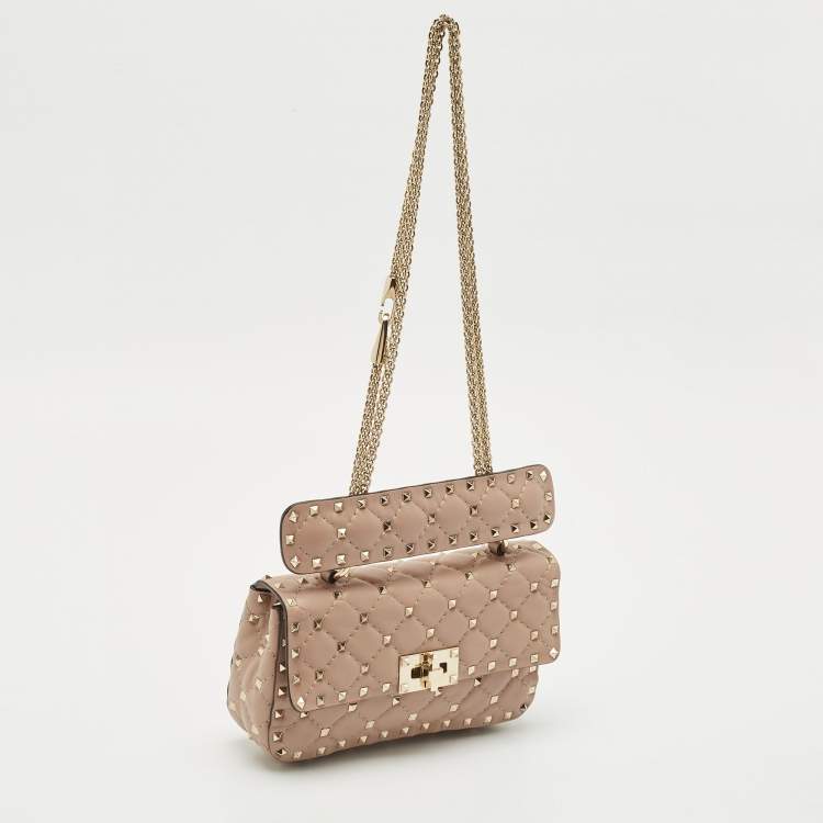 Pre Owned Valentino Beige Quilted Leather Small Rockstud Spike Top Handle Bag