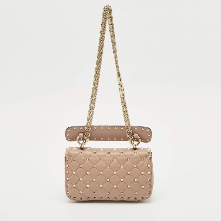 Pre Owned Valentino Beige Quilted Leather Small Rockstud Spike Top Handle Bag