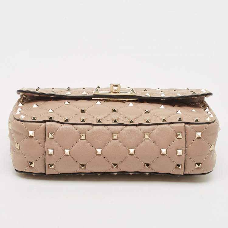Pre Owned Valentino Beige Quilted Leather Small Rockstud Spike Top Handle Bag