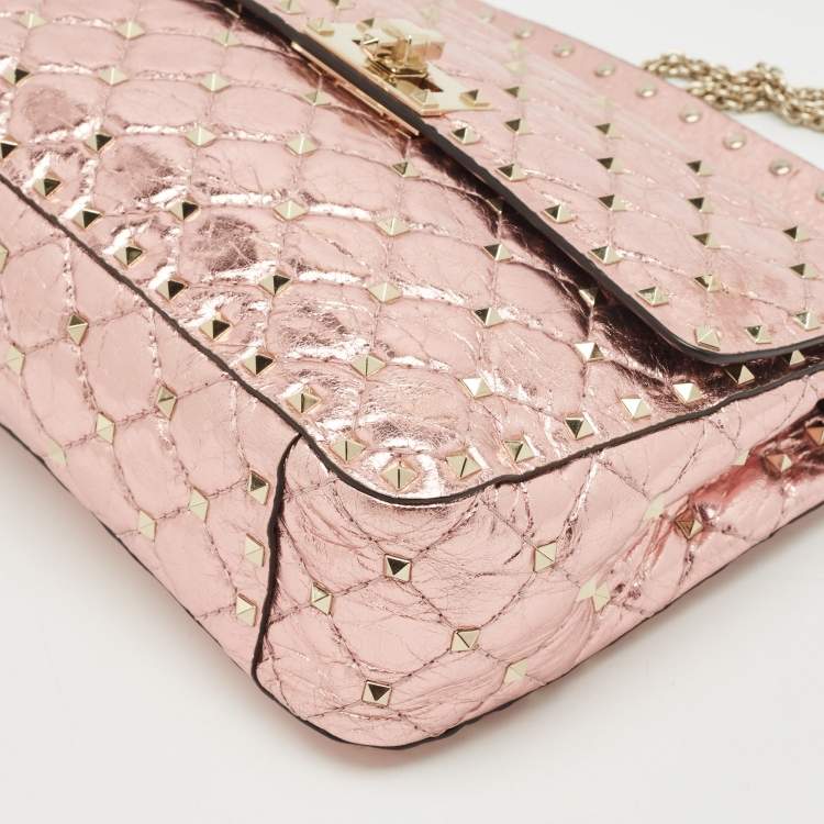 Pre Owned Valentino Metallic Pink Quilted Leather Medium Rockstud Spike Top Handle Bag
