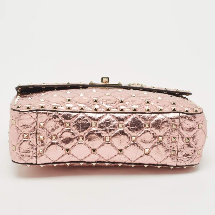 Pre Owned Valentino Metallic Pink Quilted Leather Medium Rockstud Spike Top Handle Bag
