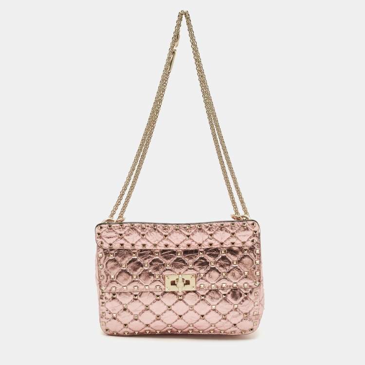 Pre Owned Valentino Metallic Pink Quilted Leather Medium Rockstud Spike Top Handle Bag