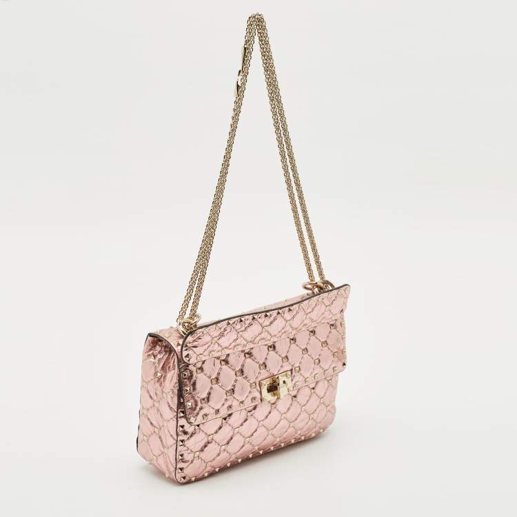 Pre Owned Valentino Metallic Pink Quilted Leather Medium Rockstud Spike Top Handle Bag