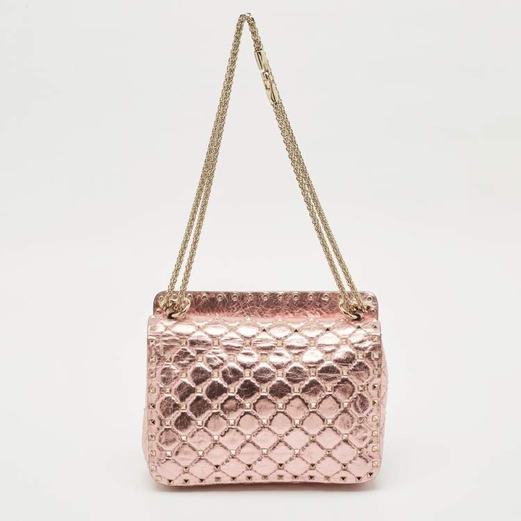 Pre Owned Valentino Metallic Pink Quilted Leather Medium Rockstud Spike Top Handle Bag