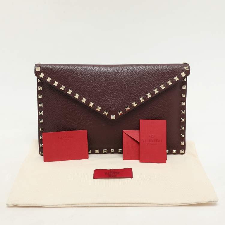 Pre Owned Valentino Dark Burgundy Leather Rockstud Envelope Pouch