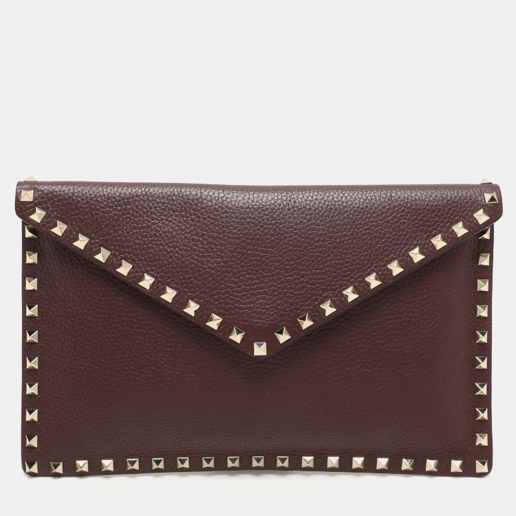 Pre Owned Valentino Dark Burgundy Leather Rockstud Envelope Pouch