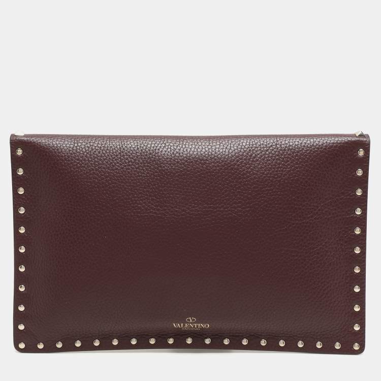 Pre Owned Valentino Dark Burgundy Leather Rockstud Envelope Pouch