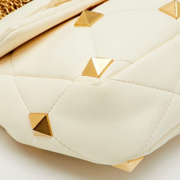 Pre Owned Valentino Off White Leather Medium Roman Stud Top Handle Bag