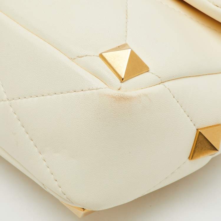 Pre Owned Valentino Off White Leather Medium Roman Stud Top Handle Bag