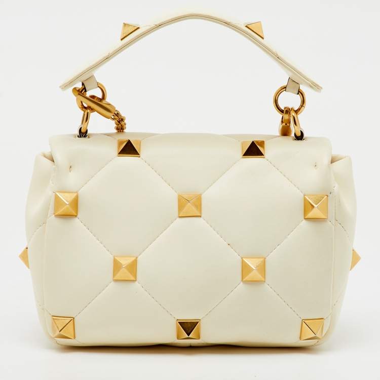 Pre Owned Valentino Off White Leather Medium Roman Stud Top Handle Bag