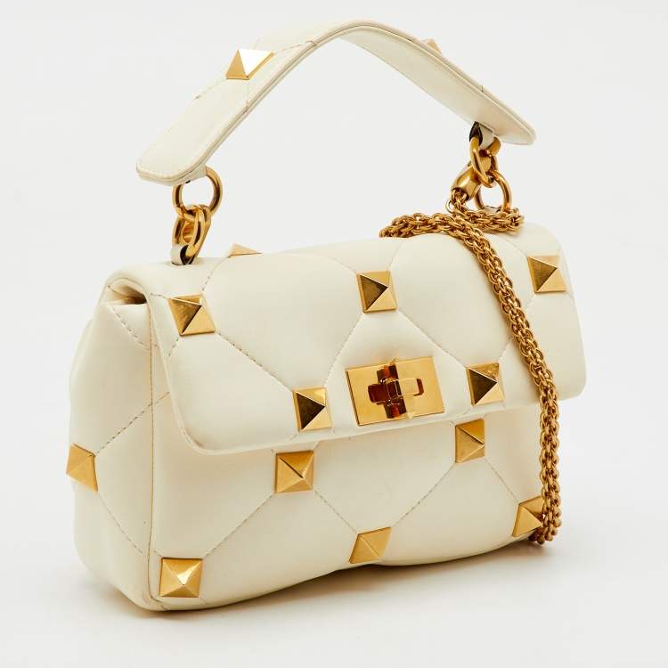 Pre Owned Valentino Off White Leather Medium Roman Stud Top Handle Bag