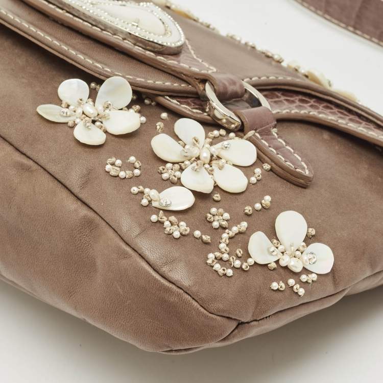 Pre Owned Valentino Beige Croc Embossed and Leather Pearl Embellished VLogo Shoulder Bag