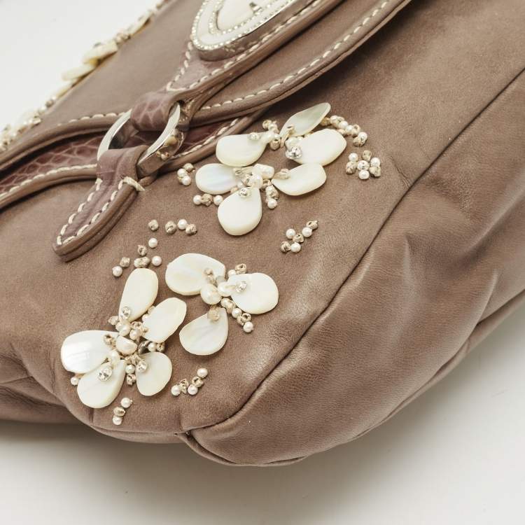 Pre Owned Valentino Beige Croc Embossed and Leather Pearl Embellished VLogo Shoulder Bag