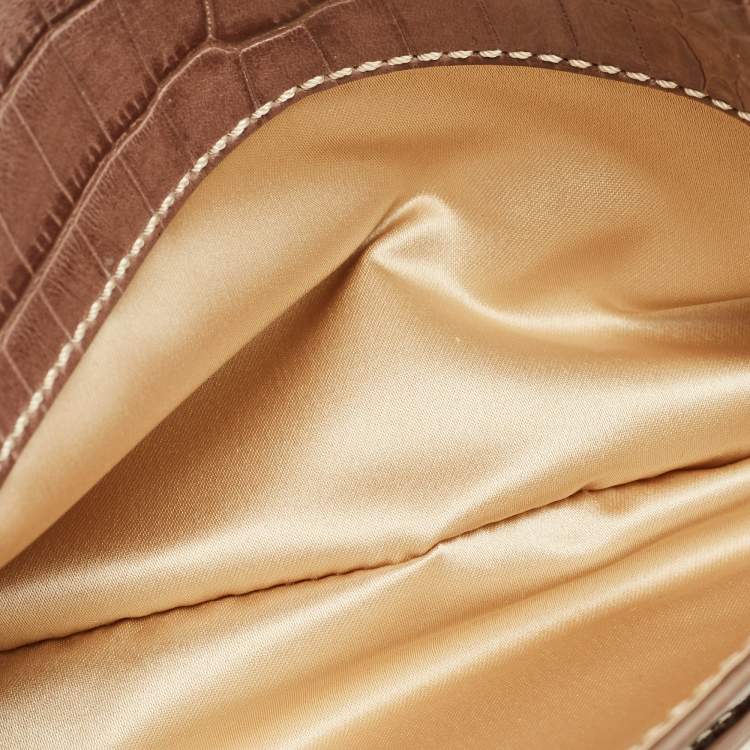 Pre Owned Valentino Beige Croc Embossed and Leather Pearl Embellished VLogo Shoulder Bag