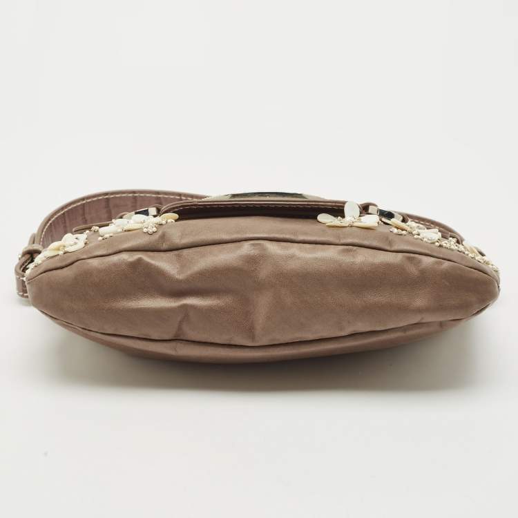 Pre Owned Valentino Beige Croc Embossed and Leather Pearl Embellished VLogo Shoulder Bag