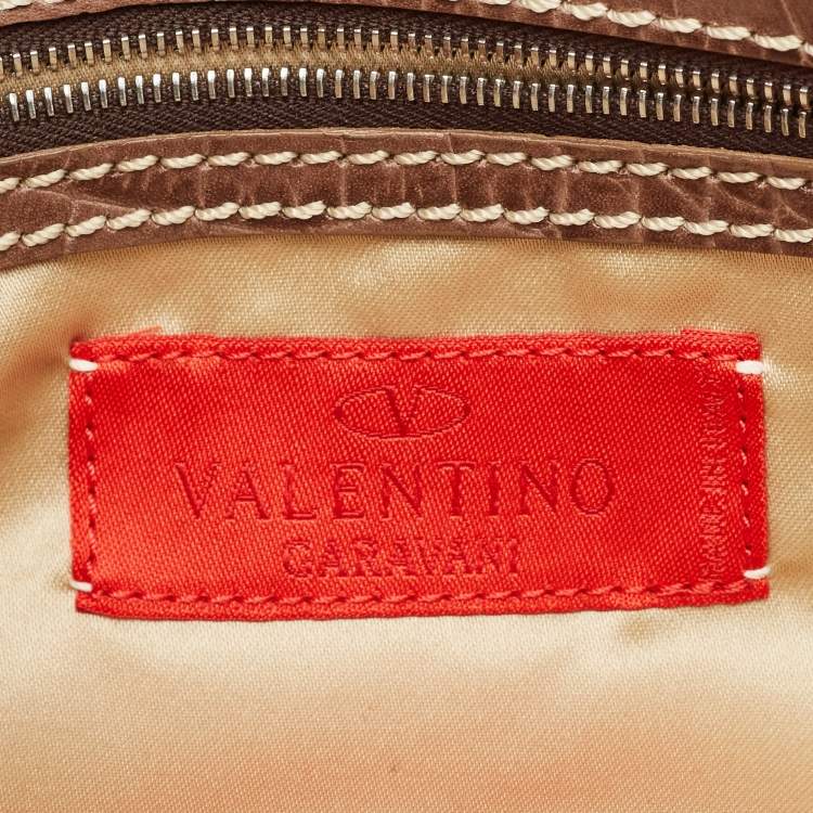 Pre Owned Valentino Beige Croc Embossed and Leather Pearl Embellished VLogo Shoulder Bag