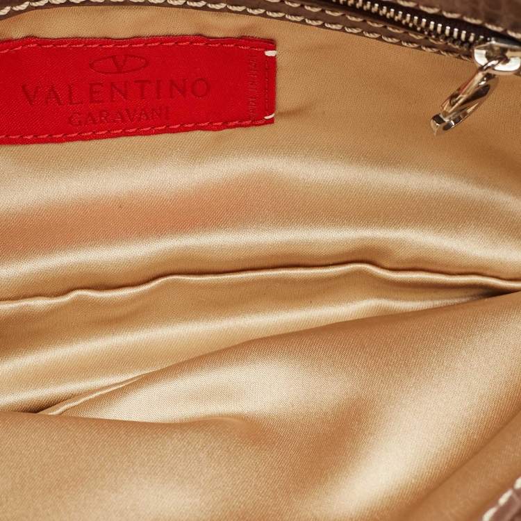 Pre Owned Valentino Beige Croc Embossed and Leather Pearl Embellished VLogo Shoulder Bag