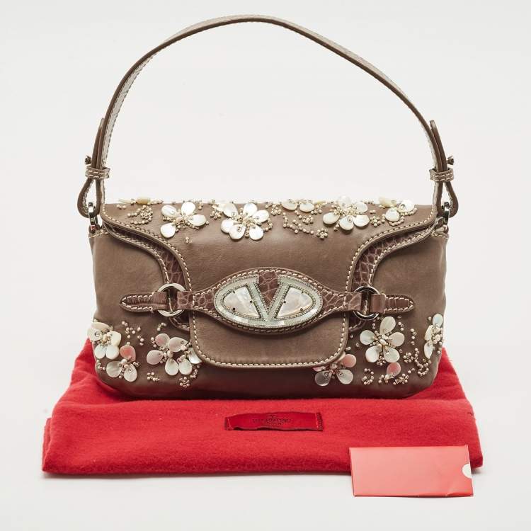 Pre Owned Valentino Beige Croc Embossed and Leather Pearl Embellished VLogo Shoulder Bag
