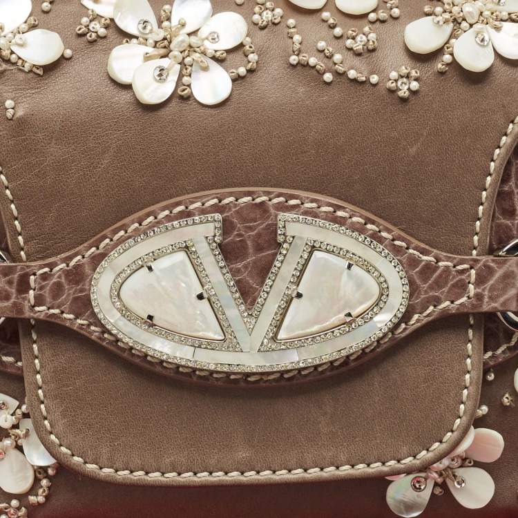 Pre Owned Valentino Beige Croc Embossed and Leather Pearl Embellished VLogo Shoulder Bag