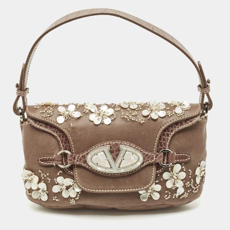 Pre Owned Valentino Beige Croc Embossed and Leather Pearl Embellished VLogo Shoulder Bag