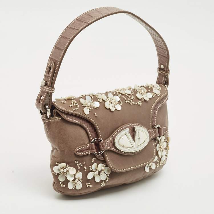 Pre Owned Valentino Beige Croc Embossed and Leather Pearl Embellished VLogo Shoulder Bag